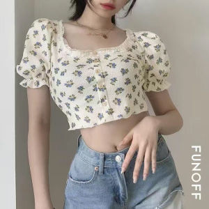 INSGOTH Retro Floral Short T-Shirts for Women Summer Breathable Puff Sleeve Tops for Female Knit Crew Neck Showing Navel 2024 New Clothes