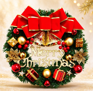 Christmas Wreaths for Front Door 12" Artificial Garland Handmade Christmas Door Wreath with Holly Leaves Red Bow Baubles & Merry Christmas Sign Indoor Outdoor Xmas Decoration for Front Door Wall Window