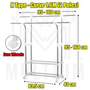 Upgraded H Type - Curve 1.6M (2 Poles) Drying Rack for Hanging Clothes | Clothes Drying Rack | Space Saving Laundry Rack | Retractable Laundry Drying Rack | Clothing Rack | Clothes Hanger Rack | Laundry Drying Outdoor Rack