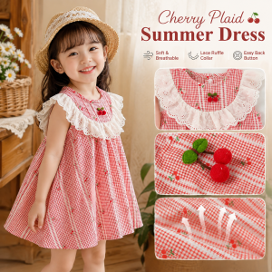 AILEBE Kids Dresses Cherry Print Classic Plaid Sleeveless Dress With Lace Ruffle Collar Soft Breathable Skin-Friendly Summer Wear Back Button Easy On Off Loose Comfy Fit For Free Movement Perfect OOTD Pambahay Pang Gala For Baby Girls 0-13 Years