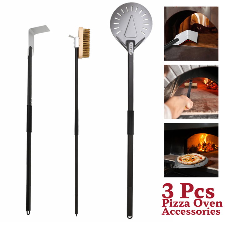 9 Inch Pizza Turning Peel&Pizza Oven Brush&Ash Rake 3 Piece Set Wood