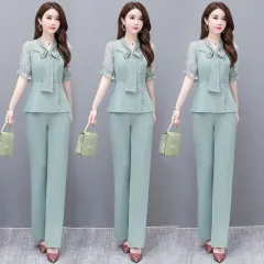 OL Set 2022 Summer Temperament Fashion Bow Tie Blouses WOMEN High Waist and  Slim Pants Two-piece Suit