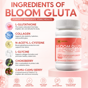 NanuCell Bloom Gluta L Glutathione with Collagen Camu Camu Natural Vit C 500mg 90 Capsules Anti-Aging Skin Brightening Inner Detox Healthcare Supplement - Collagen