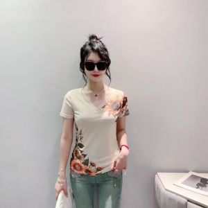 Ammin 2024 đơn giản Mới Mùa Hè cổ tròn Định Vị in hình hoa hướng dương ngắn tay cotton nguyên chất T-Shirt Cho Phụ Nữ phong cách hàn quốc in hoa cổ điển Giản Dị cỡ lỡn Áo Blouse thanh lịch