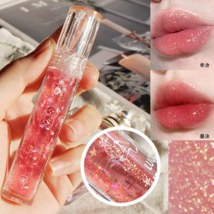 Fine glitter glaze water lip glaze lipstick star glitter white pearlescent transparent lip gloss lip glaze layered girl pure desire lip gloss oily lip glaze bean paste peach orange wild blueberry color waterproof non-fading lip glaze lipstick