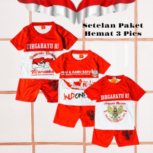Setelan Baju Merah Putih Paket Hemat 3 Pcs Bahan Jersy Lengan Pendek Ready Usia Anak 0-5 Tahun