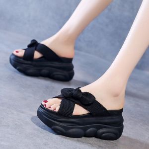Internet Celebrity Slippers Womens Summer Wear Fashion Bows Heightened Thick-soled Versatile Flatcake Flip-flops