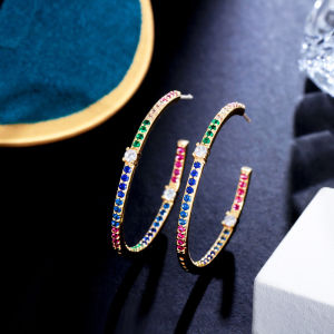 SEQUITO Temperament Silver Yellow Gold Plated Jewelry Micro Pave Multi Color Round AAAAA Zirconia Stone Fashion Nightclub Women Hoop Earrings Ear Decoration SE783