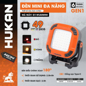 Đèn Chiếu Sáng Tích Điện HUKAN G1-WL02MINI | 49 LED 2835 Sạc Type-C Đèn Mini Cầm Tay 3 Chế Độ Sáng Trắng Vàng Đỏ