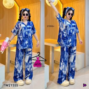TW21555 Set 3 ชิ้น เสื้อคอปกฮาวาย + สายผูกโบว์ + กางเกงขายาว  เนื้อผ้าสปัน ผ้าพิมพ์ลาย ผ้าลื่นนิ่มใส่สบายสุดๆ