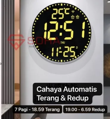 JD-17 Jam Digital LED Besar Jam Bulat Dinding Jam Wifi Konek App Bisa Remote Dari Smartphone Fitur Alarm Suhu
