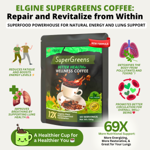 Elgine Supergreens Coffee - 12x Organic Plant-Based Superfoods for Natural Energy & Lung Support