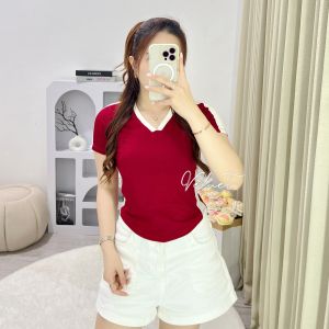 Crop Top V Neck Lengan Pendek Wanita / Atasan Wanita Kaos Vneck Crop Tee Kombinasi 6103