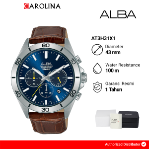 Jam Tangan Pria ALBA Active AT3H31X1 Chronograph Blue Dial Brown Leather Strap