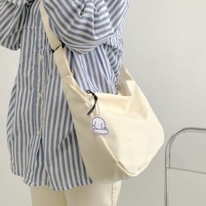 IU MISS Korean Style Lightweight Shoulder Bag Large Capacity Cream Color Simple Dumpling Bag Casual Messenger Bag Canvas Bag with Pendant Girls