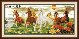 Wishing You Every Success (4) Eight Horses Wealth & Honour Cross Stitch Complete Set Needlework Handmade 11CT 14CT Pattern Stamped Printed on the Cloth Office Living Room Decor