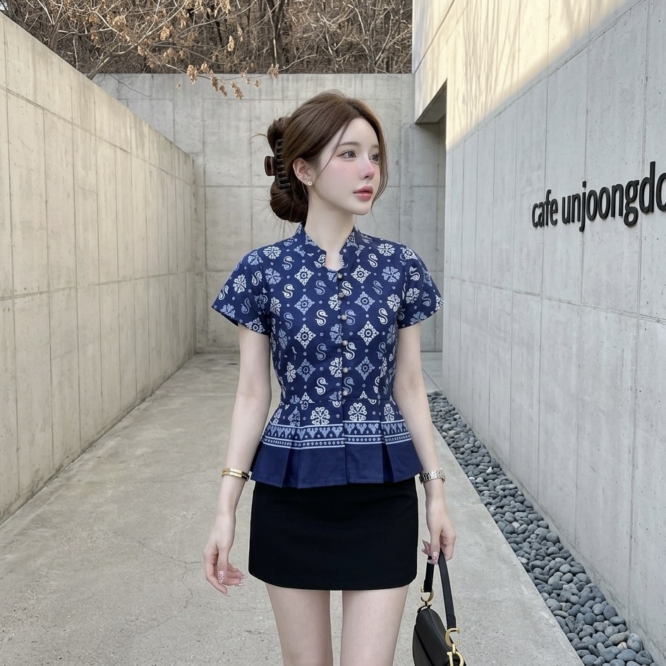 LANNA เสื้อคอจีนระบายเอวเข้ารูป ผ้าฝ้ายพิมพ์ลายสวย ใส่ทำงานสุภาพ ไซส์S-XXL