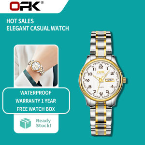 ชุดขายร้อน Opk นาฬิกาหรูสำหรับผู้หญิงกันน้ำเดิม 2023 สไตล์เกาหลี Pawnable สแตนเลสสบายๆ นาฬิกาสีทอง Multicolor คู่ปฏิทินส่องสว่าง