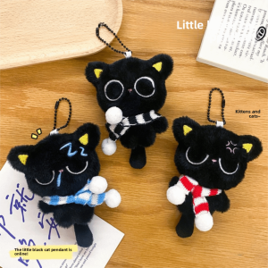 X CRAFT HOME Stripe Scarf Black Cat Plush Keychain Sleepy Soft Doll Bag Pendant Stuffed Bag Charms Gifts