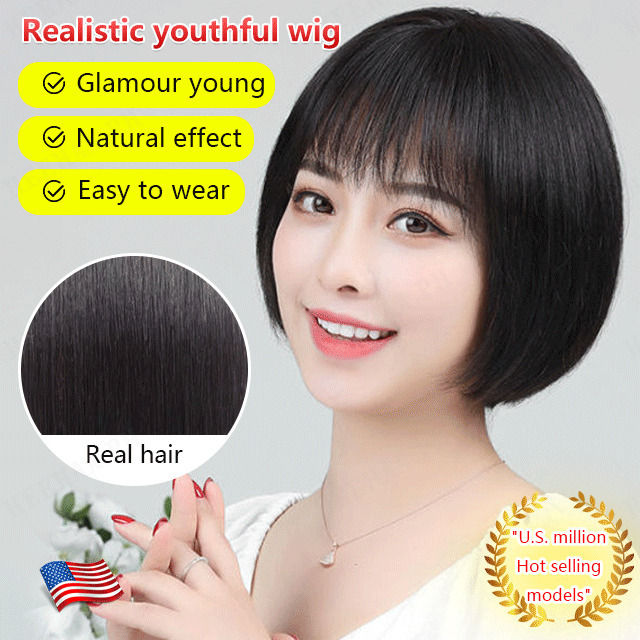 Korean style wig short hair wavy hair real hair natural Korean style hair full head set round face wig set In stock Limited stock Shipping within 24 hours Lazada