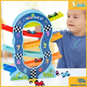 BabyBoss Wooden Race Track Car Ramp Toy for Toddler with 6 Mini Racer Cars Montessori Trek Lumba Kereta