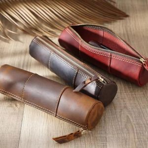 FOUNDTWO Làm thủ công Hộp đựng bút bằng da Da bò thật Retro Túi đựng bút bằng da Đa chức năng Di động Túi đựng đồ Đồ dùng học tập