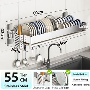 GSLIFE Wall Mounted Sink Rack with Water Tray Stainless Steel Dish Rack Kitchen Rack Save Space