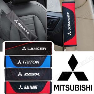 Car Seat Belt Cover For Mitsubishi Triton Xpander Lancer Mirage Grandis Asx Ralliart Colt Delica Eclipse Cross Rallyart G4 Outlander Pajero Strada L200 Airtrek Galant Attrage Carbon Fiber Safety Seat Belt Shoulder Pad Car Accessories Interior