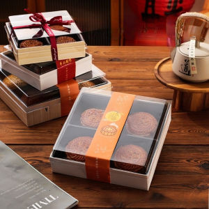 Premium Clear-Lid Mooncake Gift Box 4-Cavity Internal Divider with Custom Sleeve Elegant White Bakery Packaging with Ribbon Option Mid-Autumn Festival Essentials
