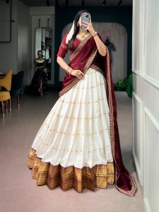 [PRE ORDER: 10 DAYS] Festive Silk Cotton Lehenga Choli for Women | Zari Weaving Work Lehenga with Beads Handwork Banglory Blouse & Sequins Dupatta (Code: 2042)