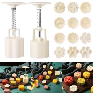 MEMGOUO Round Creative Moon Cake Tool Plastic Press Cookie Hand Pressure Fondant Decoration Tool Mooncake Mold Set 50g Flower Mooncake Mold Mid Autumn Festival