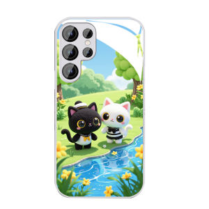 Samsung S25 Ultra Case S24 Ultra S23Ultra S22Ultra S23FE A55 LensProtect TPU soft frame&Glass back panel Summer pool lawn cute cat rabbit High definition printing Casing For A34 A54 A53 A52 A14