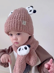Autumn Winter Panda Hat Scarf Baby Two-pieces Set Thickened Warm Neckerchief & Matching Bonnet Cap Windproof Essential