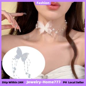 Elegant Pearl Butterfly Ribbon Tassel Choker Necklace for Women Accessories Jewelry