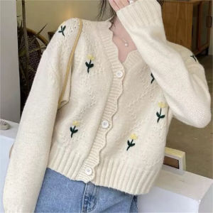 Cardigan Rajut Leher V Bersulam Berkancing Depan Lengan Panjang Outer Baju Bunga Flower Cloth Long Sleeve Top小香风长袖碎花外套上衣