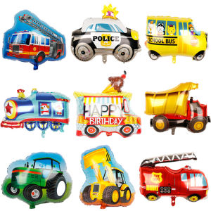 Mini 9PCS Traffic Vehicle Transportation Foil Balloons for kids Birthday Party Decoration Police Car School Bus Construction Truck Fire Engine Train Balloon Party Supply Baby Shower