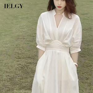 IELGY all-match niche design temperament slim waist slim v-neck mid-length dress for women