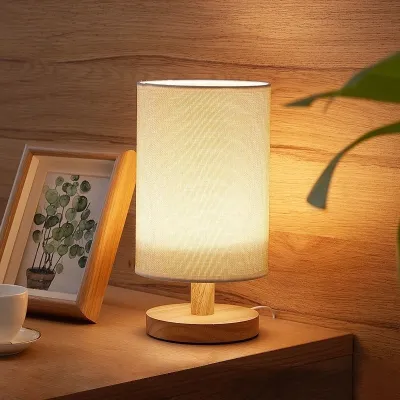 ECOL Nordic Fabric Bedside Lamp - USB Warm Night Light Wedding Gift Home Decor Desk Lamp (Wood Base)