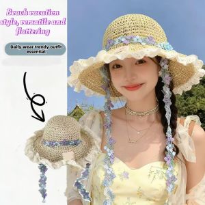 Flower Lace Straw Hat for Women Wide Brim Summer Beach Foldable Sun Hat for Vacation &Sun Protection