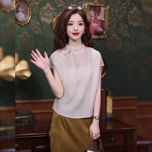 Ammin 2024 áo cánh cotton nguyên chất kết cấu xù lông cổ điển thời trang cổ tròn bằng ren mới Áo Blouse thanh lịch Tay Ngắn Trung Quốc mới cho nữ