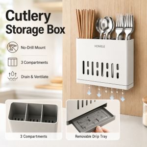 Wall-Mounted Kitchen Utensil Holder Three-Compartment Multifunctional Draining Chopstick Rack Cutlery Storage Box 筷子收纳盒