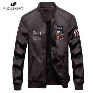 Fuguiniao Leather Jacket Men Bomber Baseball Jacket Pu Coat Pilot Varsity Fleece Top Leather Black Slim Fit Motorcycle Jacket