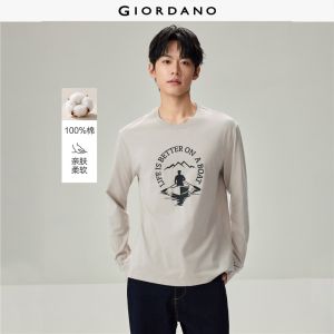 Giordano Beau Monde Men Outdoor mountain print long sleeve cotton tee Free Shipping 13096786