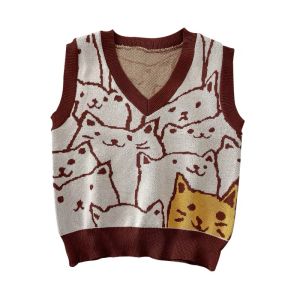 Korean Cute Cat Knitted Vest Tank Tops V-Neck Sleeveless Casual Shirts Tops Summer Tops College Student High Quality