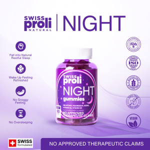 SWISS PROLI Night Melatonin Gummies 60s for Sleep Calm and Mood Support | With Ashwagandha Magnesium L-Theanine Reishi Mushroom Lemon Balm
