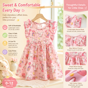 AILEBE Kids Dresses Sleeveless Ruffled A-Line Dress With Fitted Waist Soft Breathable Cotton Fabric Class A Safe Summer Wear Cute Prints OOTD Pambahay Pang Gala For Baby Girls 0-12 Years