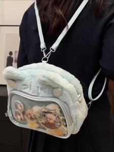 Kawaii Cat Plush Backpack Itabag Lolita Girl Anime Crossbody Bag Fashion Transparent Shoulder Bag Badge Display Student Bag Gift