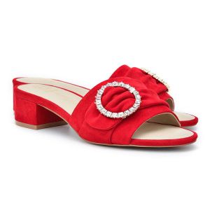 HOPE ROZA Women Open Toe Block Heel Mule Sandal - Red - Soft Anti Slip Sole - Luxury Swarovski Crystal Buckle