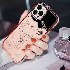 for iPhone 7 8 Plus XR X Xs Max 11 12 Mini 13 14 15 16 Pro Max Case Diamond Bumper + Camera Lens Protector Glitter Casing Bling Gem Aluminum Frame Mirror Makeup Cover Back Film