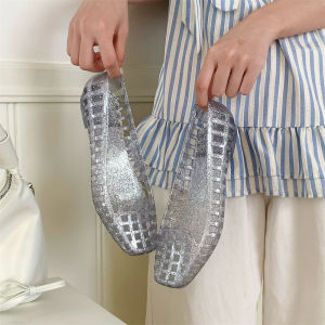 XIXITIAO【MY】blingbling Flat Sandals Square Toe Transparent Crystal Jelly Shoes for Women Summer Beach Vacation Casual Outdoor Creative Hollow Out Shoes